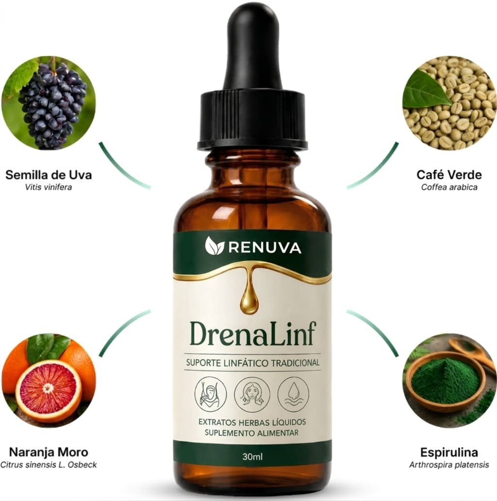 Frasco de DrenaLinf rodeado de los cuatro activos vegetales de la fórmula