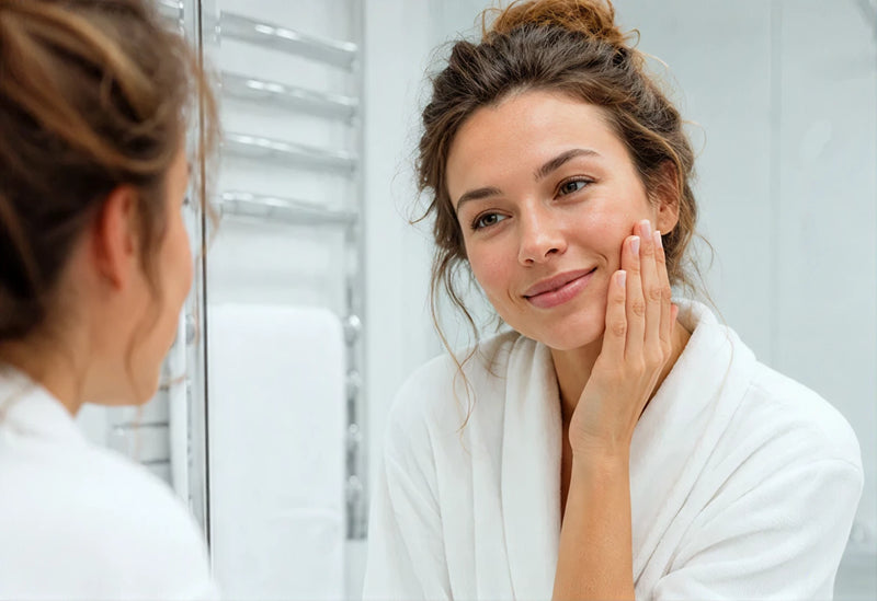 Mujer con aspecto ligero y saludable frente al espejo